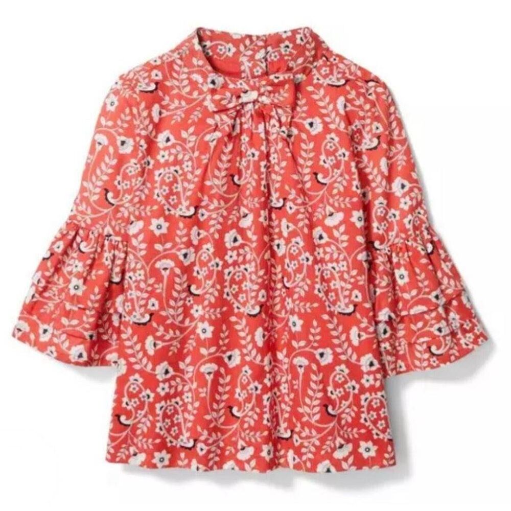 Janie & Jack coral melon red white navy blue floral bell sleeve top girls 3